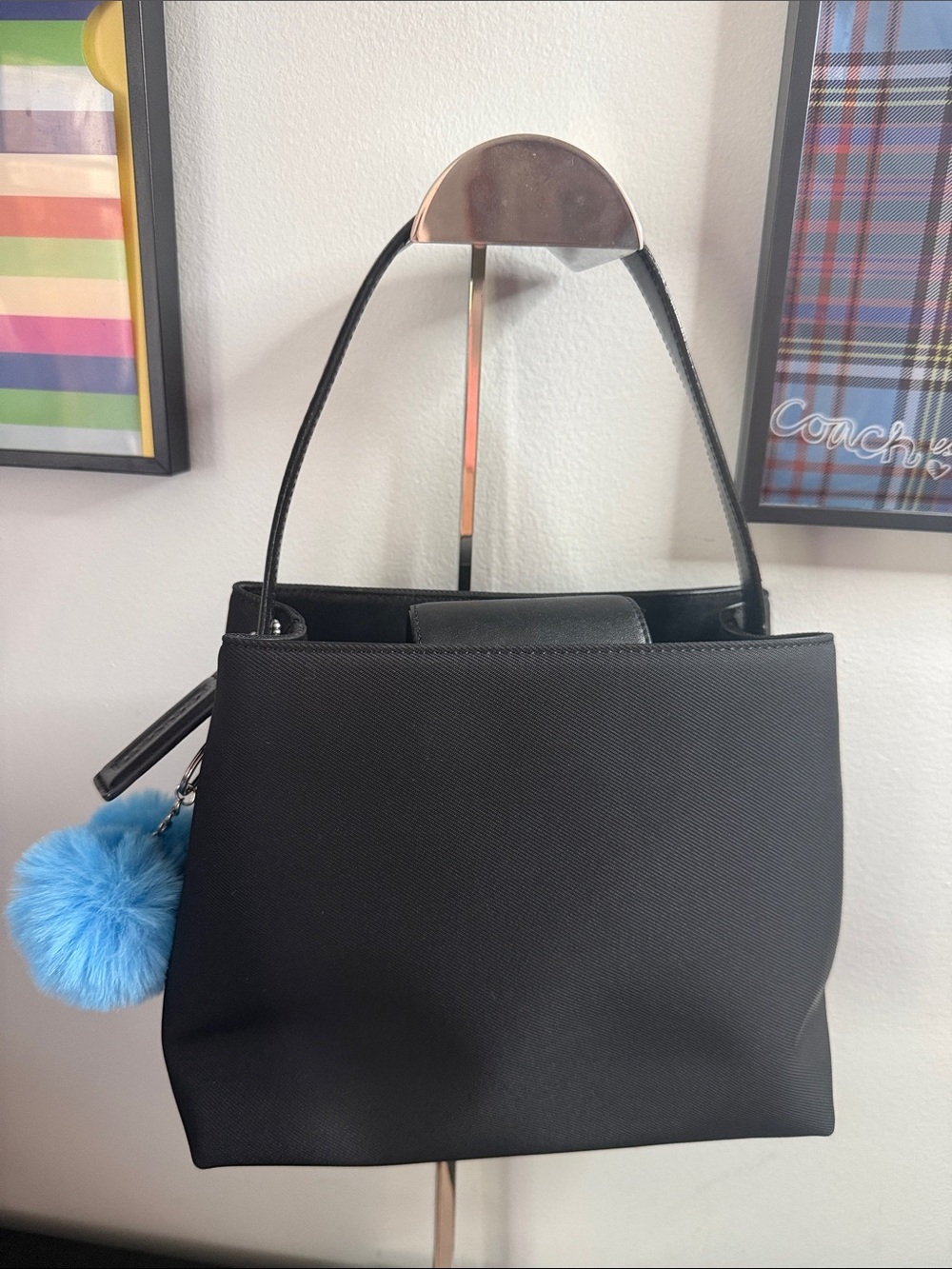 Coach Vintage small Black Mercer Bag with Blue Pom Pom Charm